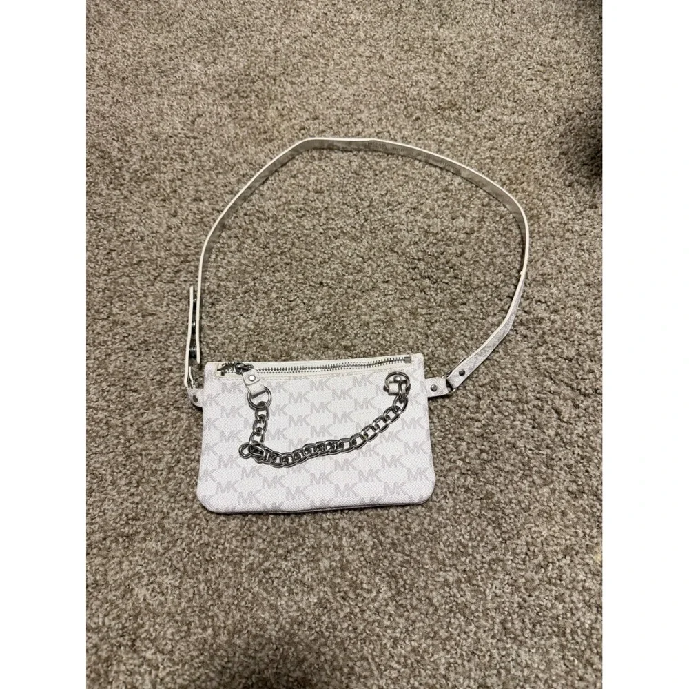Michael Kors White Signature Logo Belt Bag Fanny Pack Silver